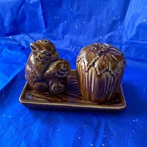 Vintage Squirrel and Nut 3 piece salt and pepper shaker set made in Japan